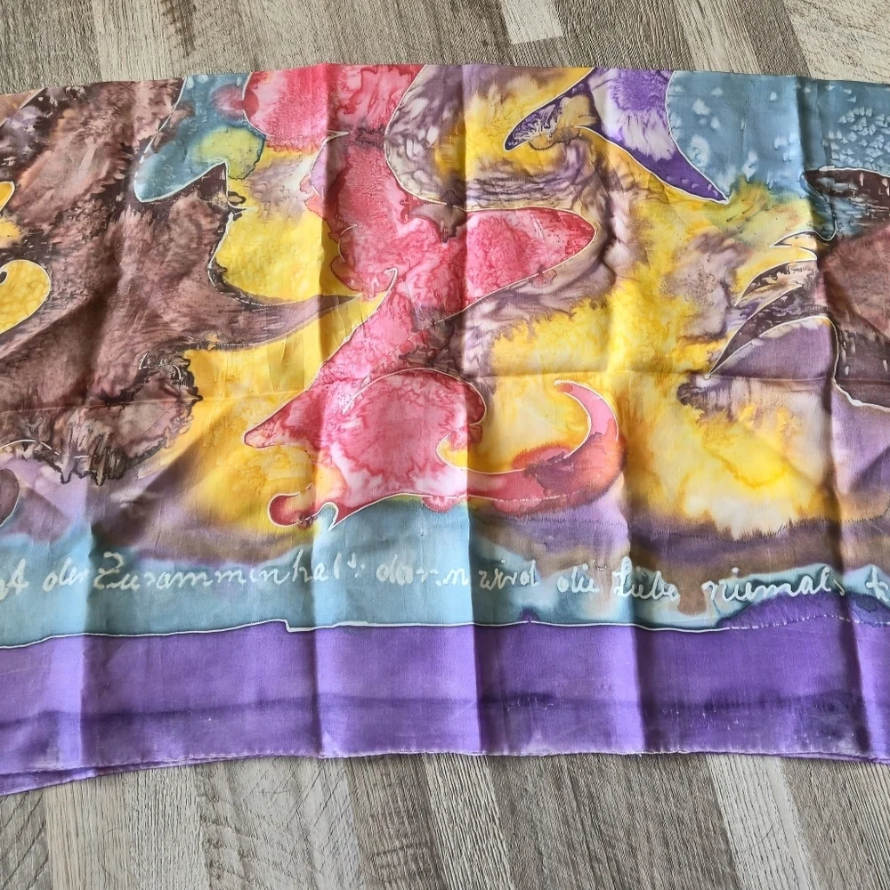 AUSTRIAN 100% Silk Scarf OS Hand Painted Abstract Watercolor Calligraphy - Picture 7 of 12